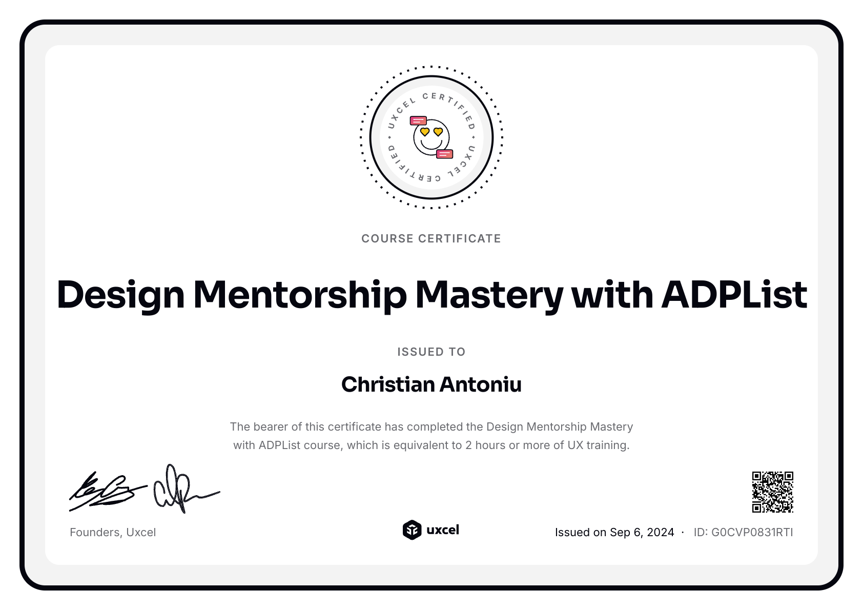 Christian Antoniu's certificate